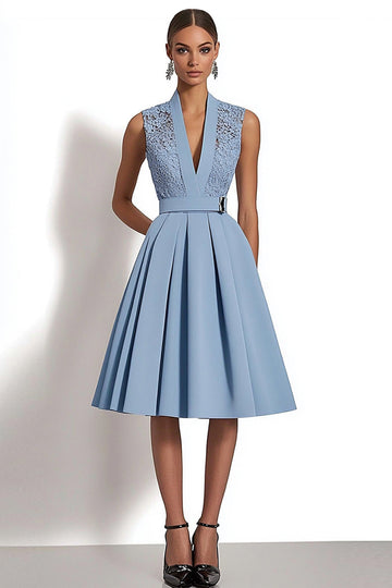 Grey Blue Satin V-Neck A Line Midi Work Dress with Lace